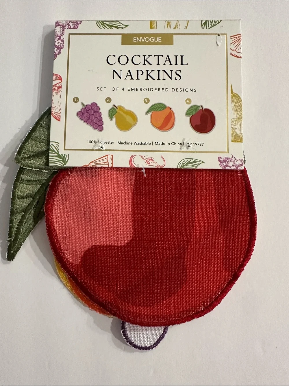Envogue Embroidered Cocktail Napkins Four Fruits: Grape, Pear, Peach, Plum NIP